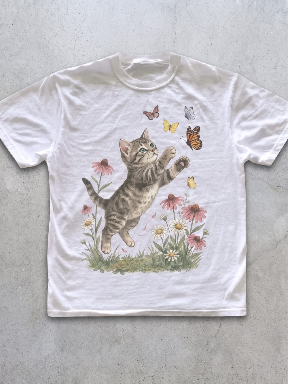 White Cat & Butterflies Graphic Pet Tee